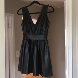 Faux Leather Deep-V Skater Dress